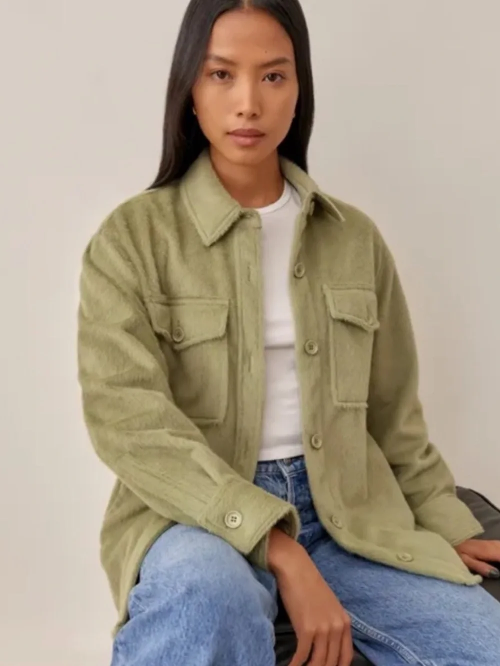 Reformation Faux Fur Ridley jacket Olive Green Shacket Jacket - Size S